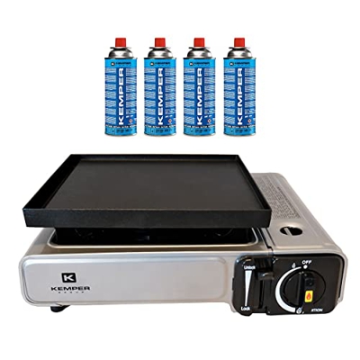 Hornillo y plancha de gas 2 en 1 NOMADE 1900 W INOX KEMPER + placa plancha 26 x 23 cm + 4 cartuchos de gas de 227 g