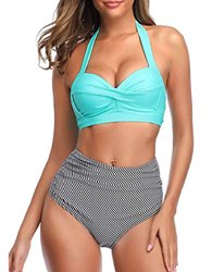 heekpek Bikinis Mujer Push Up Conjunto Bikini Talle Alto Flores Estampado Bikinis Brasileños Retro Halter Bikini de Cintura Alta de Dos Piezas precio