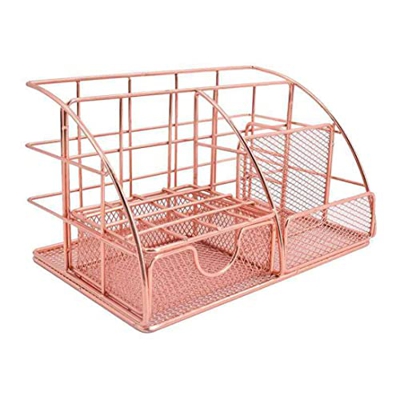 Organizador de escritorio de oro rosa para mujeres, accesorios de escritorio de suministros de oficina de malla, presenta 5 compartimentos + 1 mini ca