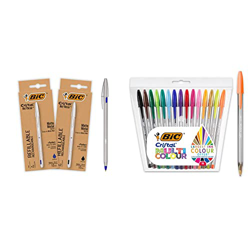 BIC Cristal Re'New Bolígrafo de metal recargable, pack de 2 bolígrafos y 4 recargas + Post-It 654Y Notas adhesivas, 6 blocs características