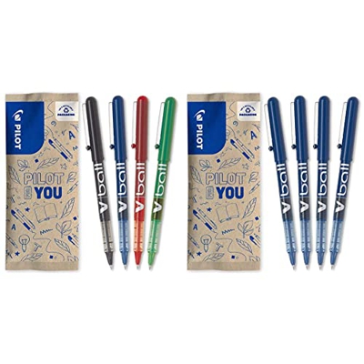 Pilot – Flowpack 4uds - Bolígrafo Roller tinta líquida V-Ball 05 - punto Fino - Negro, azul, rojo + Flowpack 4uds - Bolígrafo Roller tinta líquida V-B