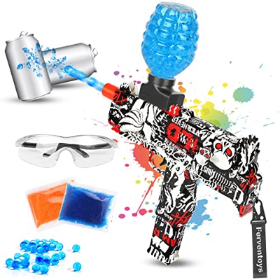ferventoys Gel Gun, Gel Blaster Eléctrico Ultra Strong 20 m de alcance, diseño portátil de Uzi con 10.000 bolas de agua para exterior/jardín juguete r