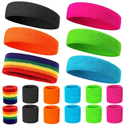 Muñequera 80s Set 18 Piezas Muñequeras Gym Muñequeras Sudor Muñequeras Tenis Muñequeras Gym Accesorios de Fiesta Retro para Mujeres Hombres 6 Colores 