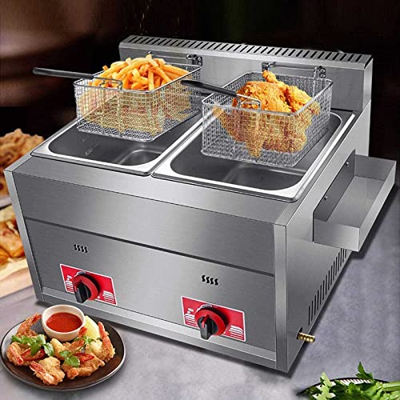 Freidora Comercial - 2x10L Freidora de Grasa Profunda de Doble Tanque Acero Inoxidable - Freidora de Chips con Tapas Freidora de Chips de Pollo con Ce