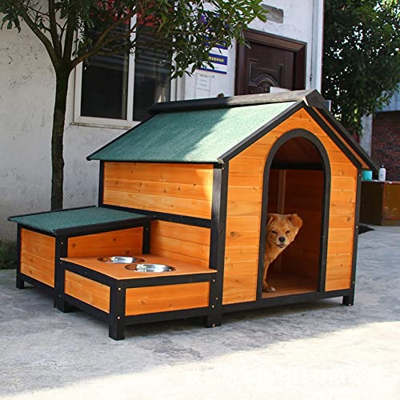 Casa De Perro Grande De Madera, Refugio para Mascotas Caseta De Mascotas Elevada De Madera con Techo De Asfalto, Diseño con Mesa De Alimentación Y Caj