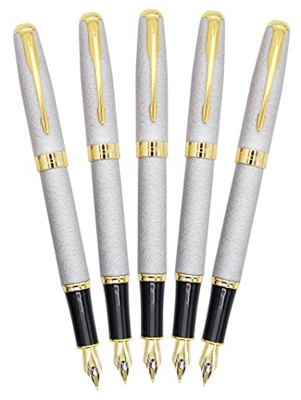 Gullor 5 plumas estilográficas clásicas de metal B388, adornos dorados, bolígrafos de regalo con convertidores, plata
