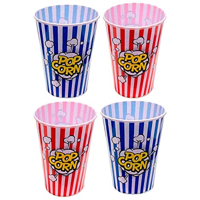 AC – Pack de 4 Cubo de palomitas de plástico a rayas, recipiente reutilizable para cine en casa, fiestas, celebraciones. (Color Surtido, 18 x 12 cm)