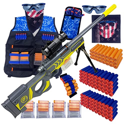 AGM MASTECH AWM - Pistola lanzadora con Chaleco táctico, 80 Dardos de Repuesto, 24 Conchas, 4 revistas con Clips (Recarga de 4 Dardos), máscara, Banda