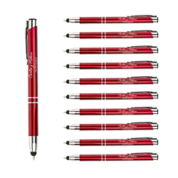 Packs 15 bolígrafos PERSONALIZADOS con texto o nombre | Color rojo y puntero para dispositivos móviles | Grabado a láser | Lote bolígrafos publicitari precio
