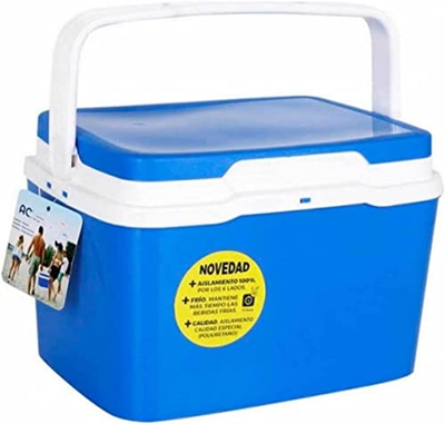 Nevera portátil con asa 5 litros azul y blanco, Polipropileno, Porta Alimentos para Playa, Acampada, Camping, Disponible en varios tamaños de distinta