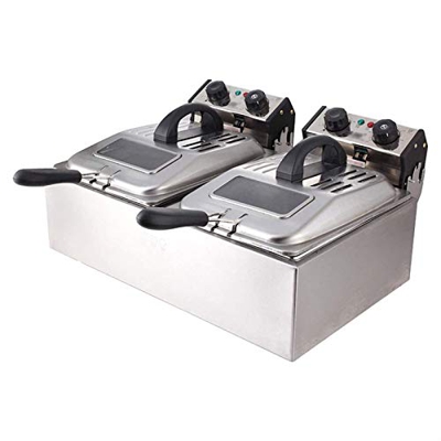 Freidoras, Freidoras sin Humo 2800W*2, 20L Freidora eléctrica de Doble Cilindro de Acero Inoxidable con cestas y Tapas, con Temporizador, fácil de Lim