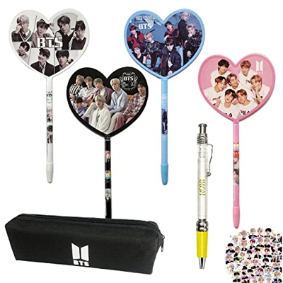 HJYZY 46 unids BTS Bangtan Boys Bolígrafo de gel en forma de corazón de gran capacidad Estuche de almacenamiento BTS Pegatinas para abanico Regalos Ti