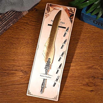 SHKL Bolígrafo de Pluma, plumín de Metal para Estudiante, bolígrafo Retro Plateado, bolígrafo de inmersión de Repuesto(Gold2)