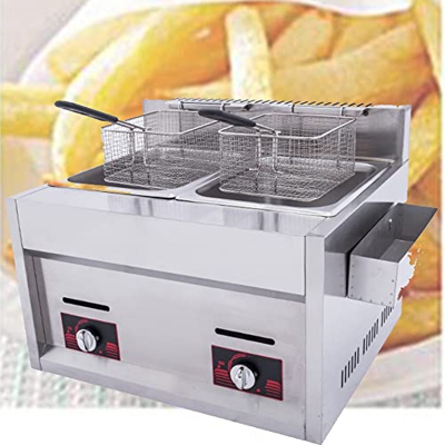 SHENGSHIYU Freidora De Gas Comercial - Freidora De Acero Inoxidable De Doble Tanque De 20l - con Tapa Y Cesta para Restaurante, Hogar, Cocina, Comerci