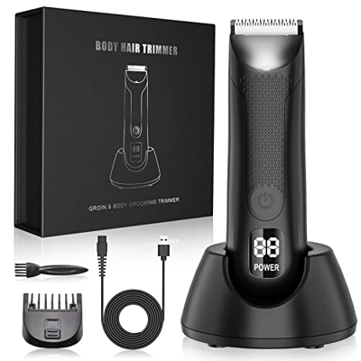 Karrong Maquinilla de afeitar íntima para hombre, eléctrica, con pantalla LCD, resistente al agua, bolas de afeitar, seco/seco, estación de carga inal