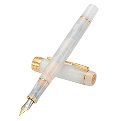 Jinhao 100 - Pluma estilográfica clásica de celuloide blanco, punta mediana con convertidor y estuche de metal características