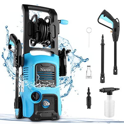 Limpiador de alta presión de 2000 W, 135 bar, 480 l/h, con boquilla todo en uno, boquilla de espuma, carrete de manguera, manguera de 5 m, pistola de 