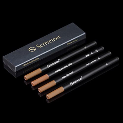 Scriveiner Rollerball Refill Black Broad - 4 Superb Quality Rollerball Refills Designed for Scriveiner Pens - Safety Ceramic Non Dry Roller Pen Refill
