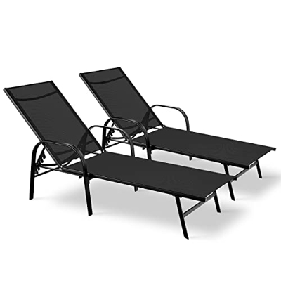 2 Tumbonas Plegables Portátiles Reclinables para Piscina/Playa, Respaldo Ajustable en 5 Niveles, Juego de Sillónes Cama Relax Ergonómico de Hierro, Ma
