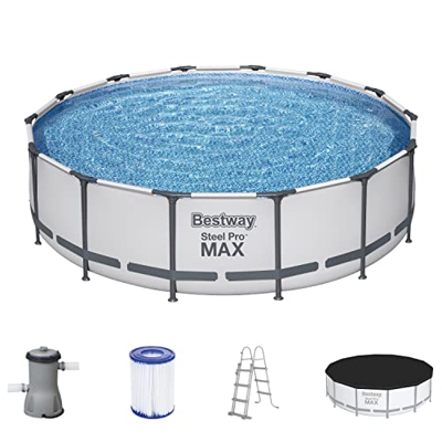 Bestway Steel Pro MAX Frame - Juego Completo de Piscina con Bomba de Filtro (427 x 107 cm, Redondo), Color Gris