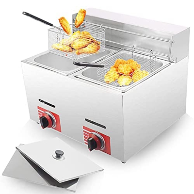 SHENGSHIYU Freidora De Gas Comercial - Freidora De Acero Inoxidable De Una O Dos Ollas De 6/12 L - con Tapa Y Cesta para Restaurante, Hogar, Cocina, C