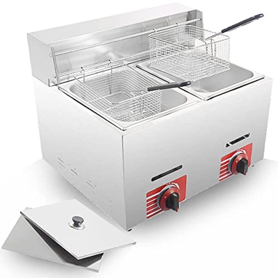 SHENGSHIYU Freidora De Gas Comercial Profesional, Freidora Lpg De Acero Inoxidable, Freidora Doble De Gran Capacidad De 6/12l con Cesta Y Tapa para Un