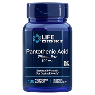 Life Extension, Pantothenic Acid (Ácido Pantoténico), 500mg Vitamina B5, Alta Dosis, 100 Cápsulas veganas, Probadas en Laboratorio, Sin Gluten, Vegeta