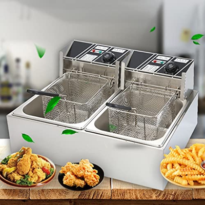 SHENGSHIYU Freidora Eléctrica Comercial De 6/12 L, Encimera De Cilindro Simple/Doble, Freidora De Acero Inoxidable para Restaurante, Ahorro De Energía