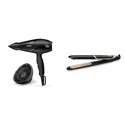 BaByliss 6613DE Secador de Pelo Profesional, Iónico, Motor AC 2200 W, 3 Temperaturas + BaByliss ST393E Plancha de pelo profesional, iónica, placas flo