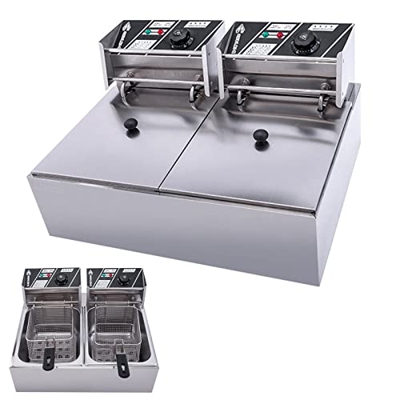 BEIJIAYI Freidora Eléctrica con Canasta Y Tapa, Freidora Comercial Acero Inoxidable, Potencia: 2.5+2.5kw para Uso Comercial Y Doméstico Deep Fryer, Ca