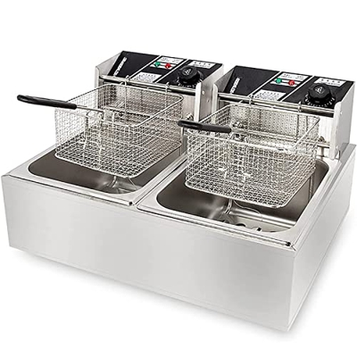 CHUYONGJIN Freidora eléctrica de 2500 W,freidora Comercial Doble de 6 l,sartén para Patatas Fritas con Tapa y Cesta,Control de Temperatura, Acero Inox