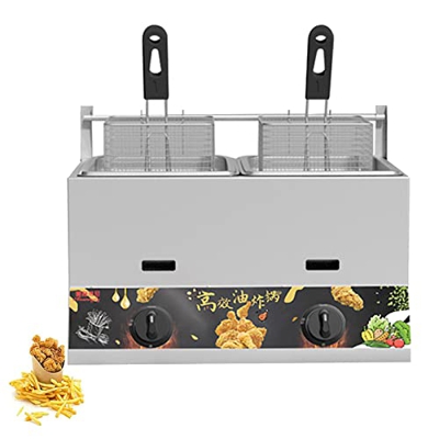 BEIJIAYI Freidora Gas Encimera Comercial, Freidora Grasa Profunda Doble Tanque Acero Inoxidable, Estufa Doble Gas 22l * 2, con Dos Cestas para Freír, 