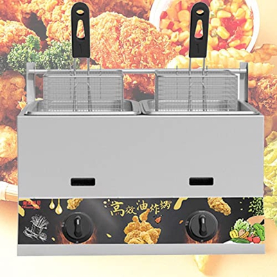 BEIJIAYI Freidora Gas Doble Estufa Doble Olla, Encimera Acero Inoxidable Deep Fryer Grasa Profunda, Potencia Fuego Ajustable, con Dos Cestas Freír, pa