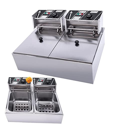 BEIJIAYI Freidora Cocina Encimera, Freidora Eléctrica Acero Inoxidable, Deep Fryer Doble Cilindro para Uso Comercial Y Doméstico, Calienta Rápidamente