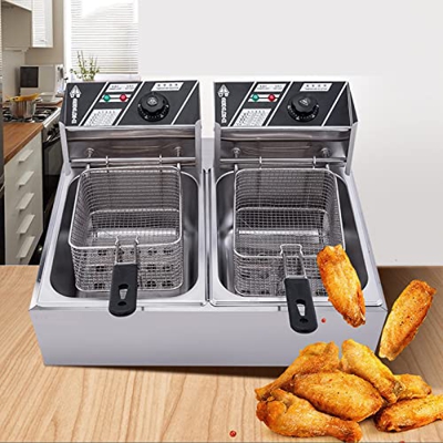 BEIJIAYI Freidora Eléctrica con Cesta Y Tapa, Freidora Comercial Profesional Acero Inoxidable, Deep Fryer Eléctrica Doble Cesta con Doble Cilindro Y C