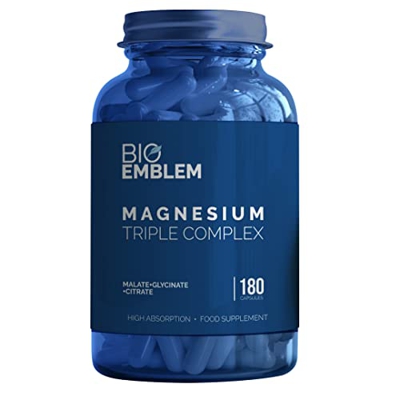 Complejo de triple magnesio BioEmblem | 300 mg de glicinato de magnesio, malato y citrato para relajación muscular, sueño, calma y energía | Alta abso