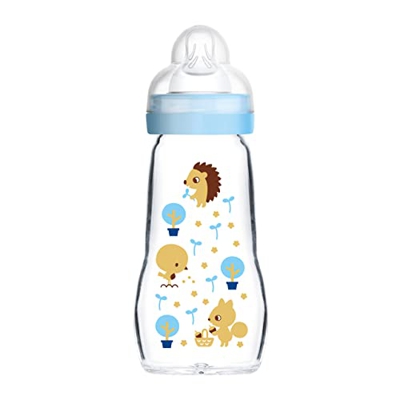 MAM Feel Good - Biberón de cristal (260 ml), biberón con boca ancha, estable botella con tetina, tamaño 1, desde el nacimiento, erizo/ardilla, Instruc