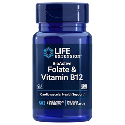 Life Extension, Bioactive Folate & Vitamin B12, Alta Dosis, 90 Cápsulas veganas, Probadas en Laboratorio, Vegetarianas, Sin Gluten, Sin Soja, No GMO
