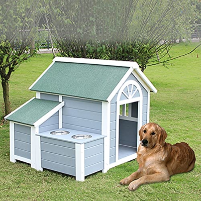 JYCCH Casa de Madera Extragrande con 2 tazones, Perrera Exterior Resistente a la Intemperie para Perros Grandes, caseta de Perro aislada clásica con h