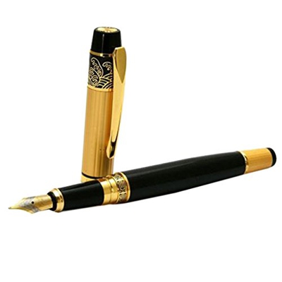 New Hero 901 - Pluma estilográfica (tamaño mediano), color negro y dorado