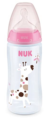 NUK First Choice+ - Biberón para bebé (6 – 18 meses, control de temperatura, control de flujo, válvula anticólico, 300 ml, sin BPA, de silicona, jiraf
