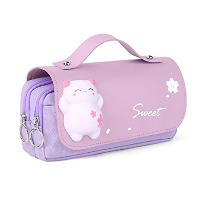 Vicloon Estuche Escolar, ​Estuche de Lápices de Gatito, Estuche con Solapa, para Niñas Niños Adolescentes Estudiantes Adultos(Violeta)