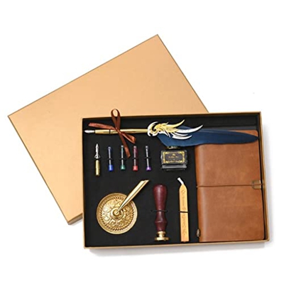 Retro Vintage Calligraphy Feather Fountain Pen Writing Ink Leather Notebook Set Stationery Gift Box (Color : C Size : One Size) (A One Size)