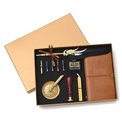 Retro Vintage Calligraphy Feather Fountain Pen Writing Ink Leather Notebook Set Stationery Gift Box (Color : C Size : One Size) (B One Size)