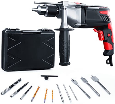 Taladro de impacto profesional, taladro y martillo perforador 2 en 1 (950 W, potencia de perforación de madera, diámetro de 30 mm, hormigón 13 mm, met