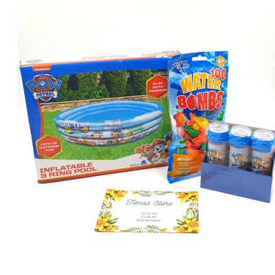 Paquete inflable de piscina para niños: incluye piscina inflable de 3 anillos de la Patrulla Canina, juguetes de piscina de verano, globos de agua fác