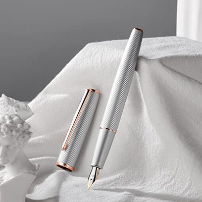 Upgrade Hongdian - Pluma estilográfica de aluminio plateado A3, punta extrafina, diseño de lujo de oro rosa, juego de estuche de metal para bolígrafo 
