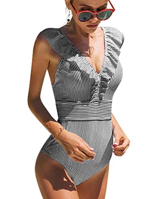 heekpek Conjuntos de Bikinis Traje De Baño Rayas de Una Pieza Bañador para Mujer Push Up Bikini Volante Fruncido V para Saco Tanga De Cintura Baja Ade