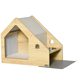 Pawhut Caseta para Perros de Madera Cama de Interior para Cachorros con Comedero 2 Cuencos de Acero Inoxidable y Cojín Suave Desenfundable 62x40x54 cm características