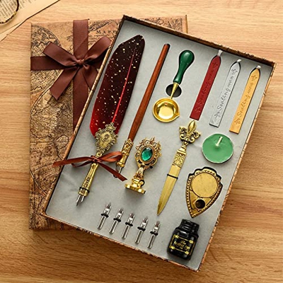 Pluma Pluma Quill Pen Hecho a Mano Vintage Dip Ink Pen Set for Principiantes Amigos Niños (Color : Red)